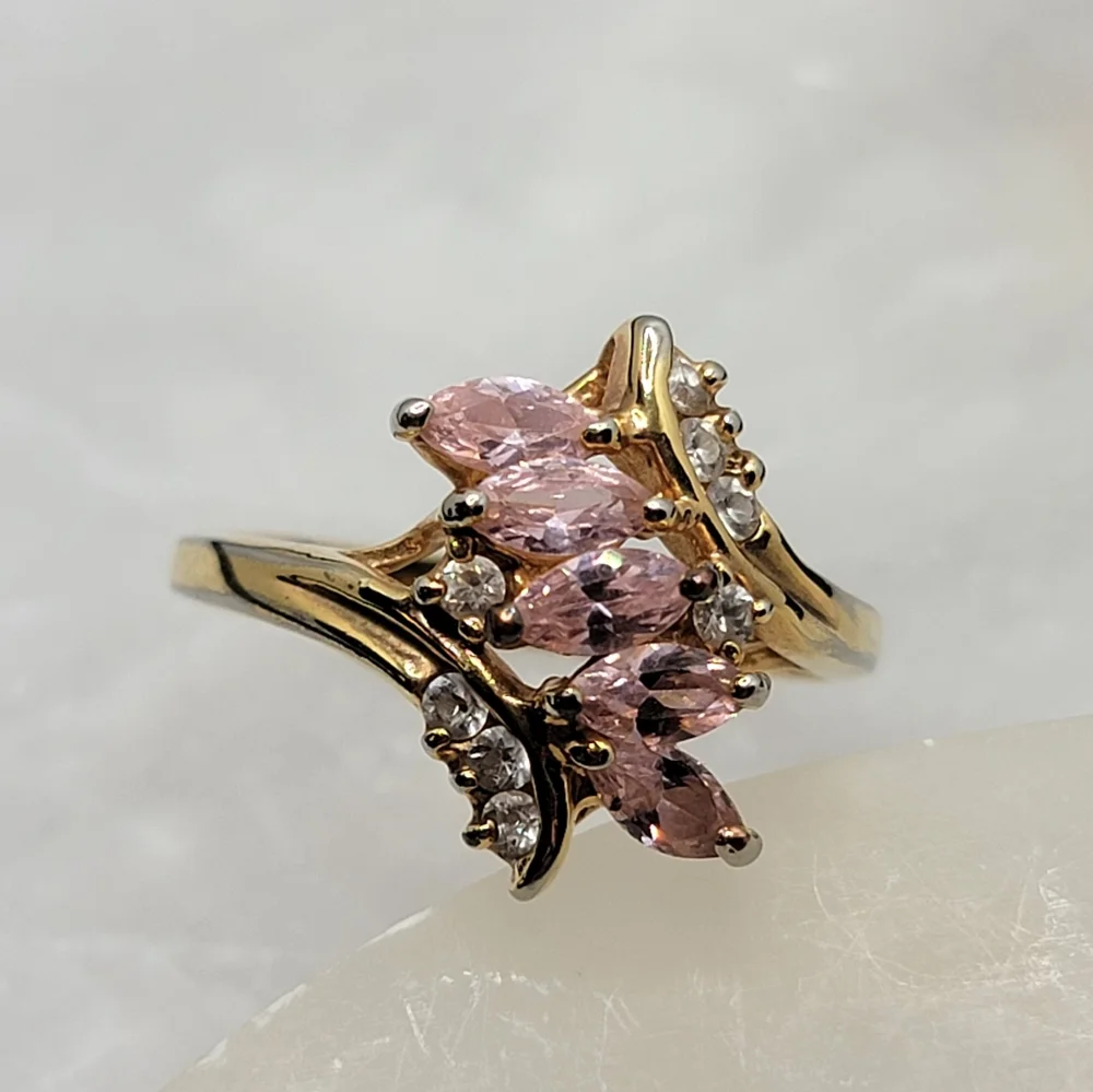 Vintage Bypass Marquise Pink Gem Simulated Diamond Gold Tone Ring - Picture 8 of 10